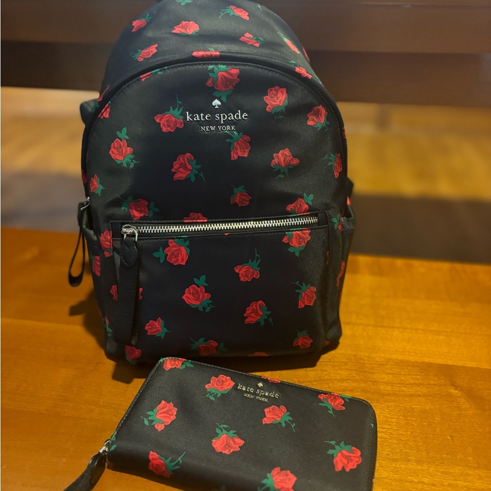Kate Spade Black Backpack and Wallet Set with Red Floral Print. - Picture 6 of 9
